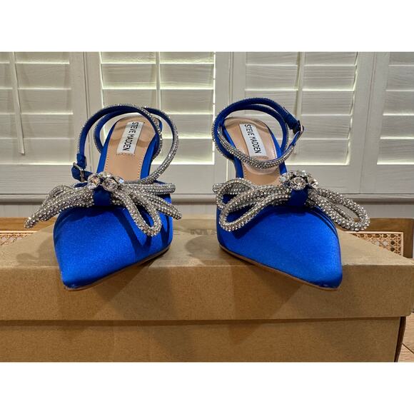Steve Madden Viable Heels Cobalt Blue Rhinestones Bow Design Size 6.5 NIB Dressy - Picture 6 of 12